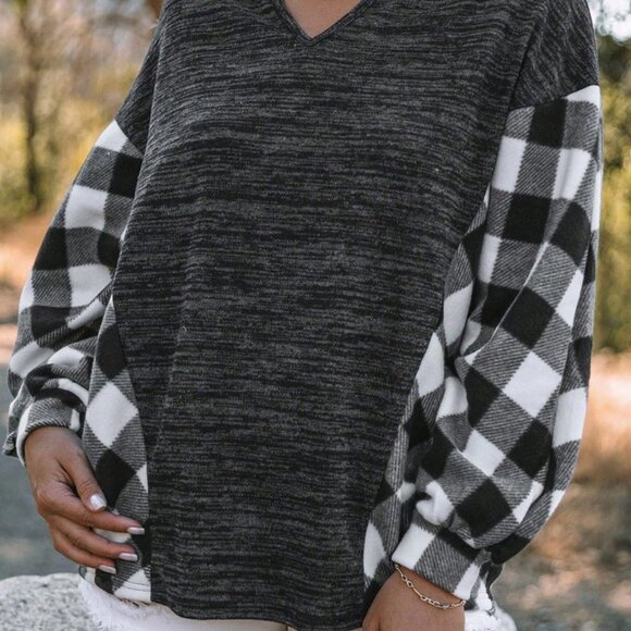 Black and White Casual Womens Buffalo Plaid Print Drop Shoulder Sweatshirt - Picture 4 of 4